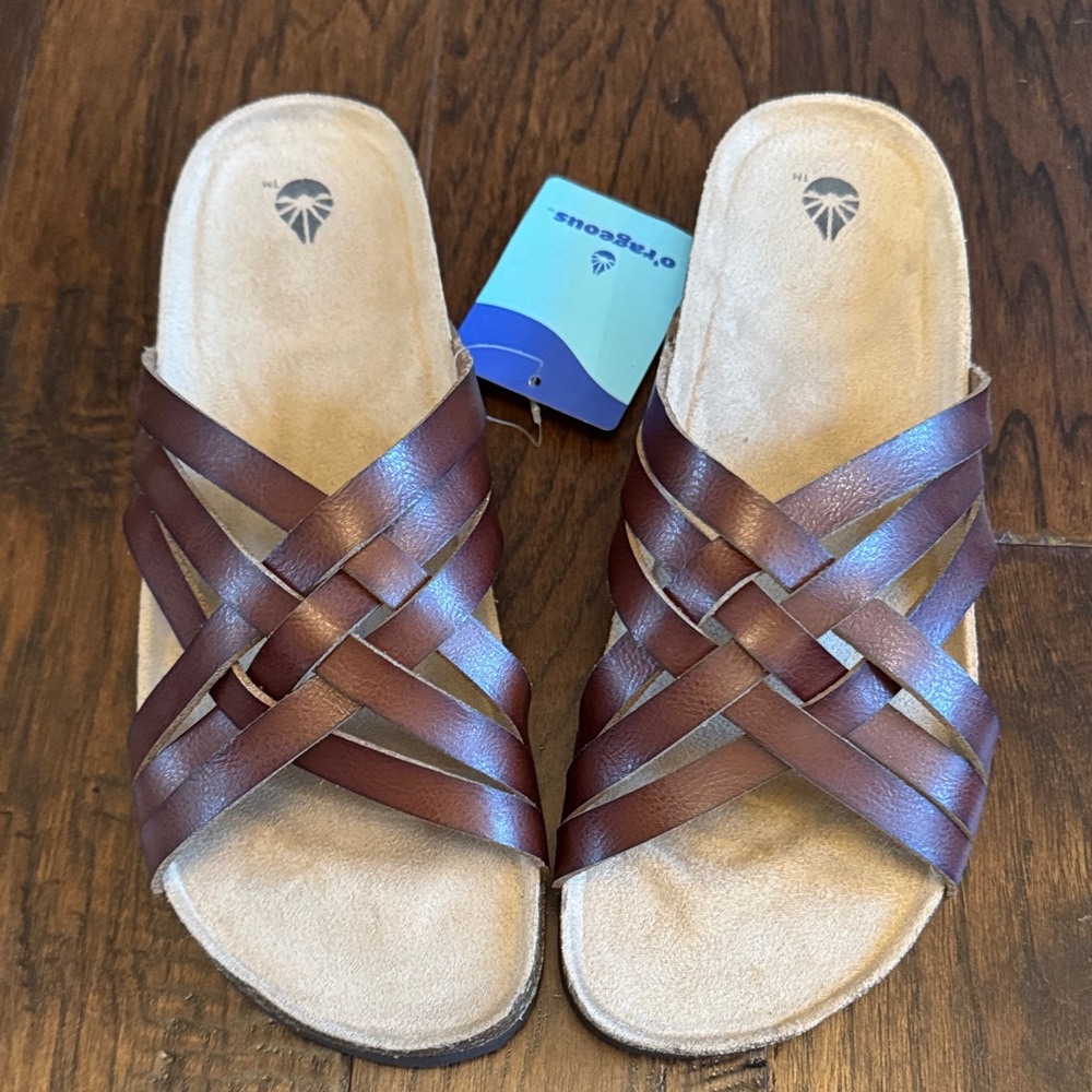 Women’s Brown Leather Slide Sandals sz 9
